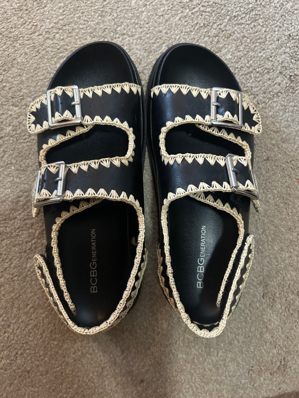 BCBGeneration Kids Black Sandals with Cream Trim and Buckles